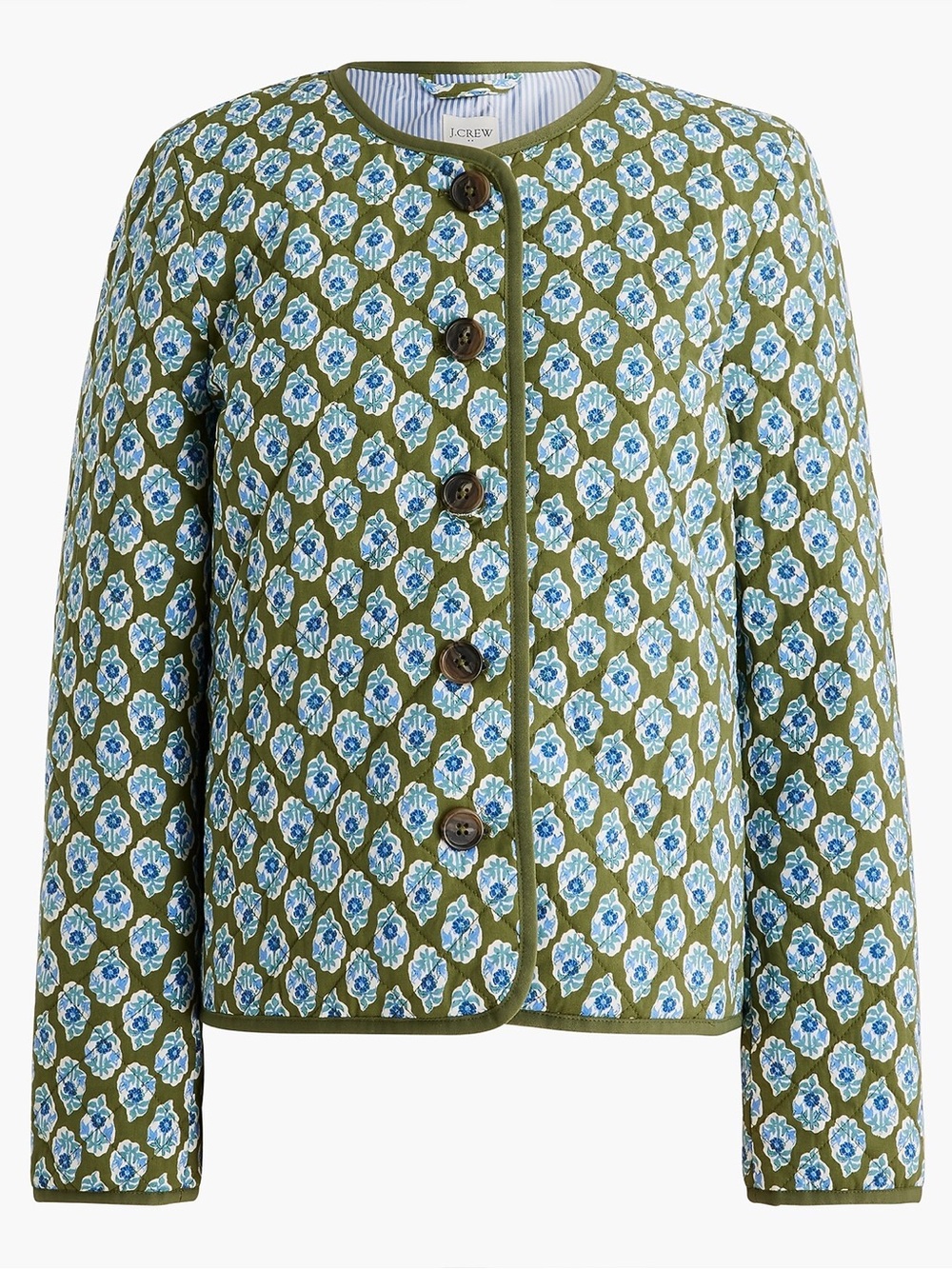 J.Crew Block Print Floral Quilted Collarless Jacket Green Blue XL - 1X